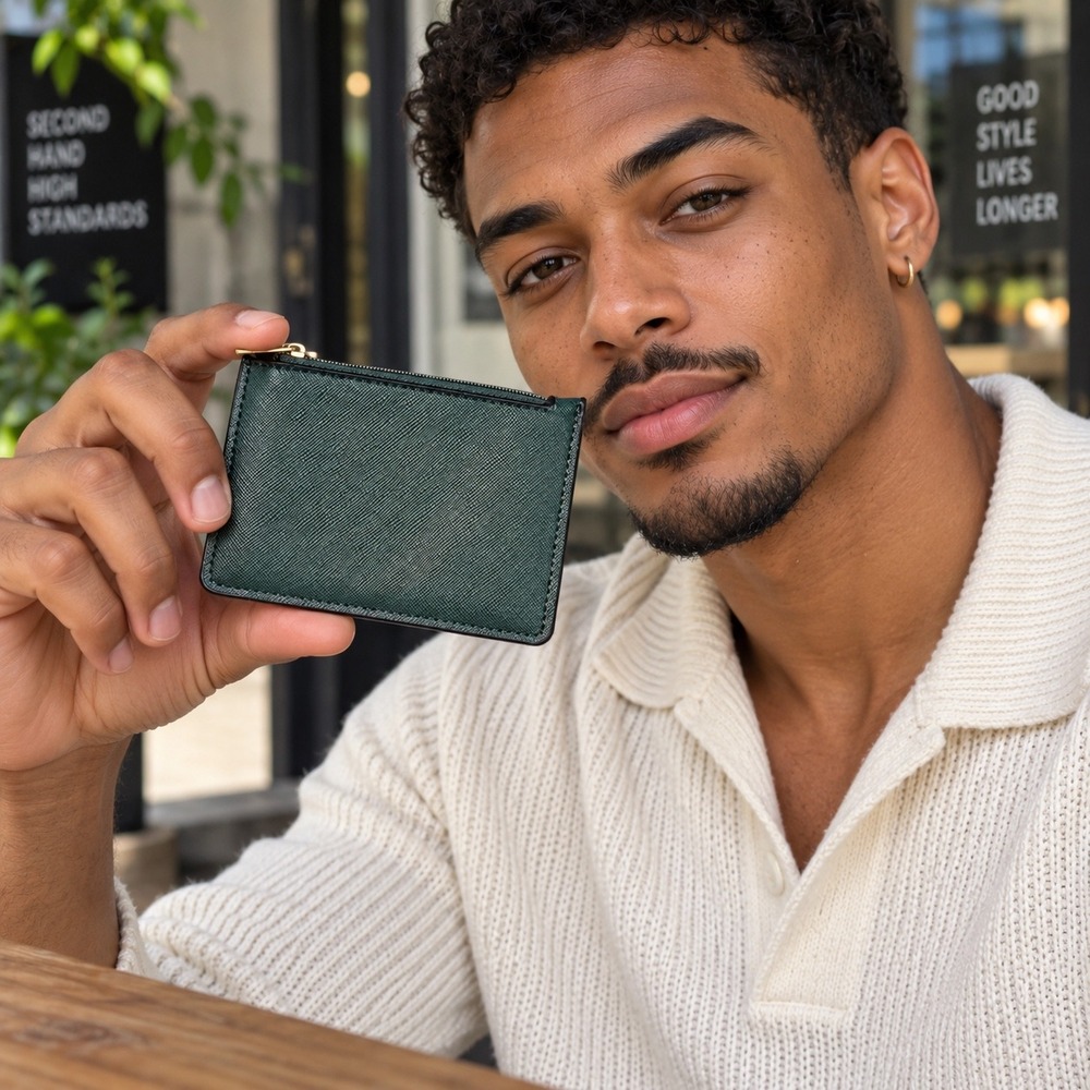 A New Day Dark Green Saffiano Zipper Card Case Wallet ID Window Gold Hardware